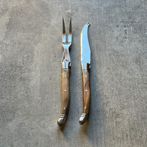 Traditional Olive Wood Handle Cheese Knife and Fork Set