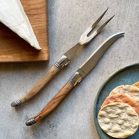 Traditional Olive Wood Handle Cheese Knife and Fork Set